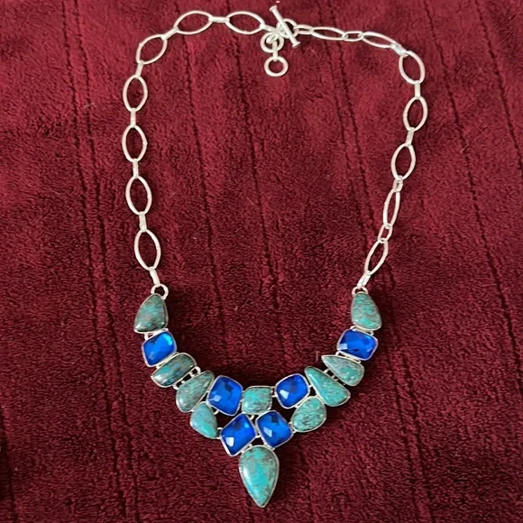 Sterling silver hand made turquoise gemstone bib necklace - Picture 2 of 4